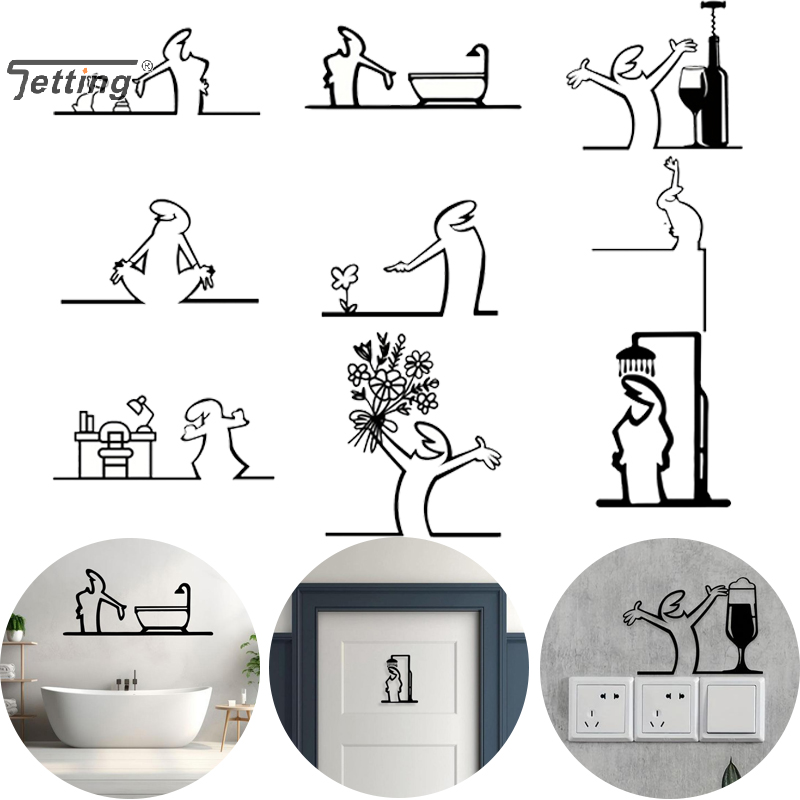 Home Bathroom Door Signs - Schwarze Duschfigur, Wanddekoration, minimalistische Linie, Metall,